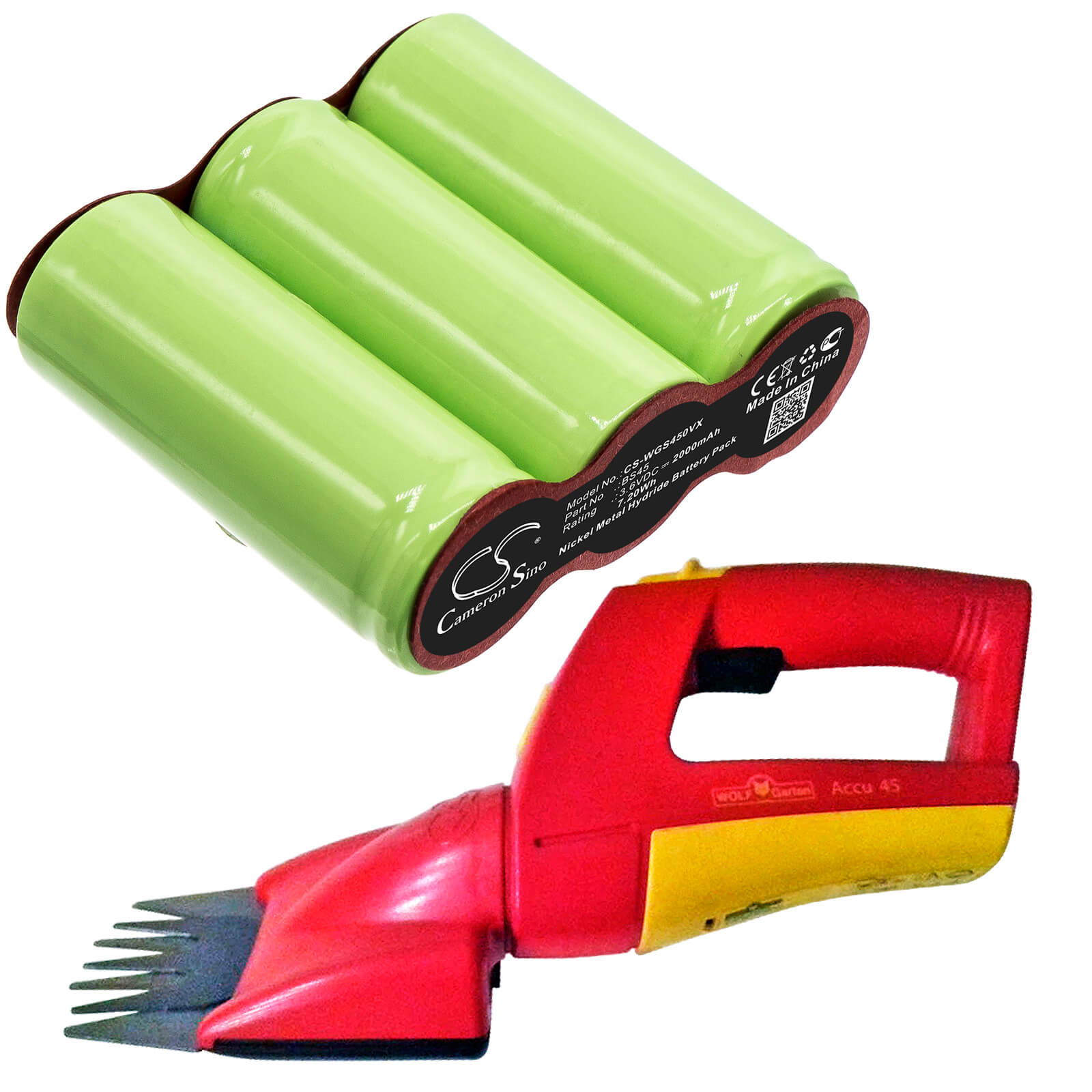 3.6V, 2000mAh, Ni-MH Battery fits Wolf Garten, Grass Shears Accu 45 Serie B-d, Rasenschere, 7.2Wh