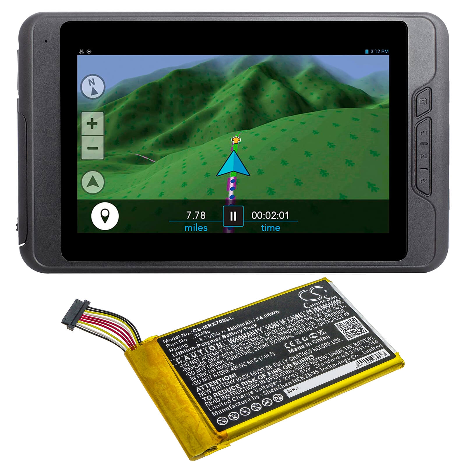 3.7V, 3800mAh, Li-Polymer Battery fits Magellan, Trx7, 14.06Wh