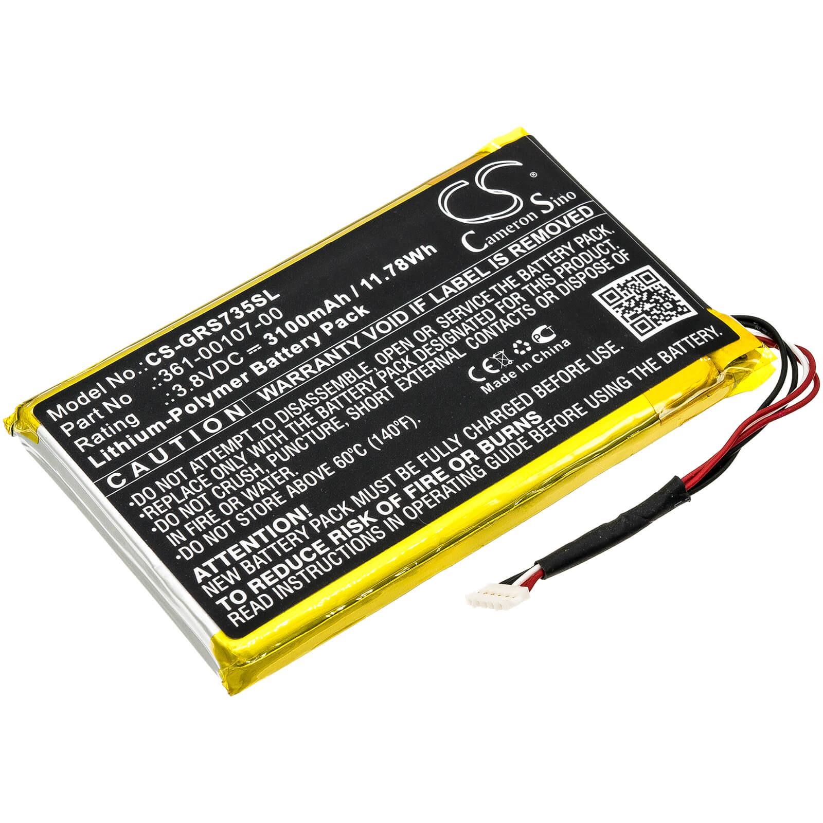 3.8V, 3100mAh, Li-Polymer Battery fits Garmin, 010-01735-10, Explorer+, 11.78Wh
