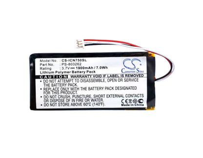 3.7V, 1900mAh, Li-Polymer Battery fits Navman, Icn720, Icn750, 7.03Wh
