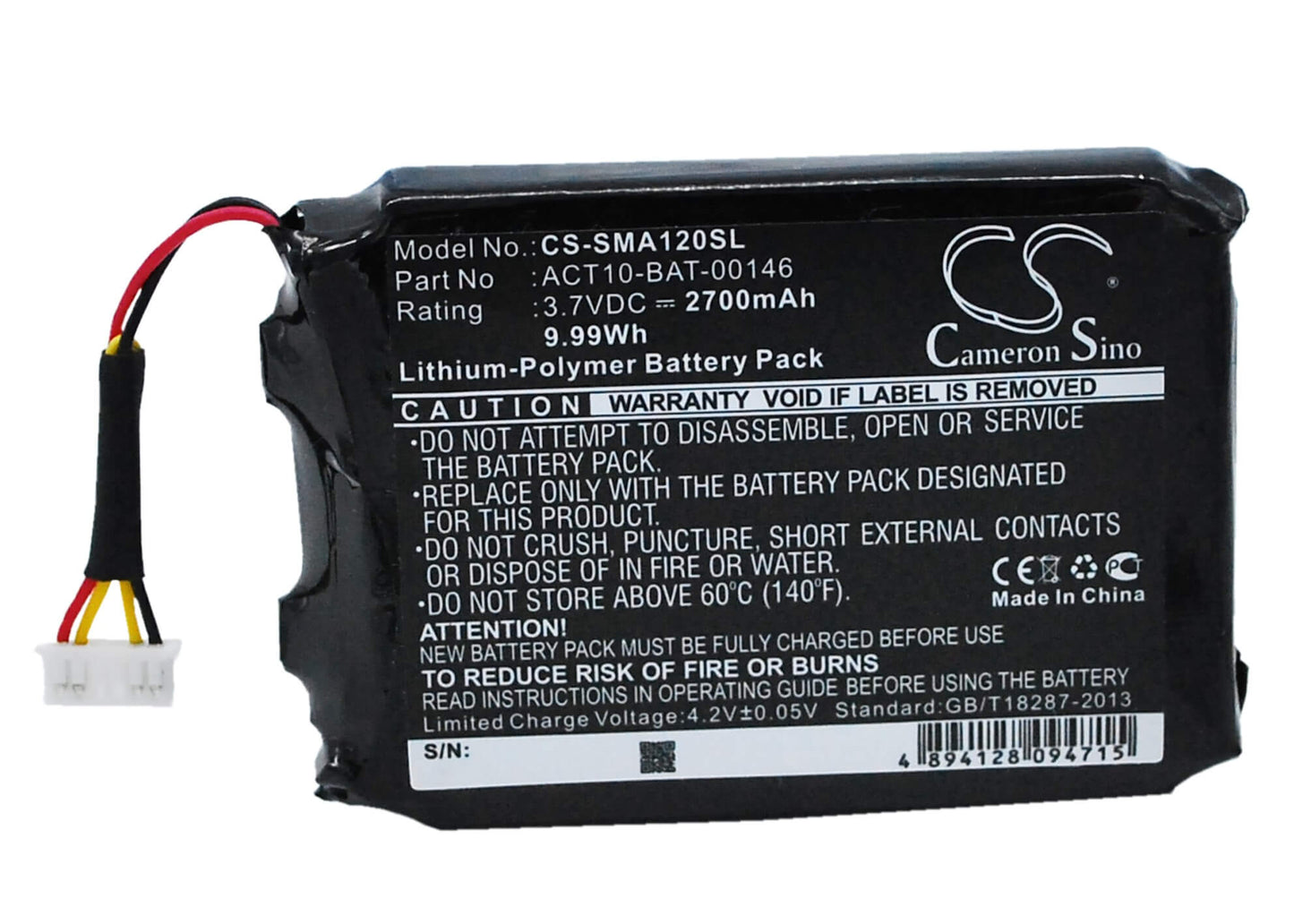 3.7V, 2700mAh, Li-Polymer Battery fits Satmap, Active 10, Active 12, 9.99Wh