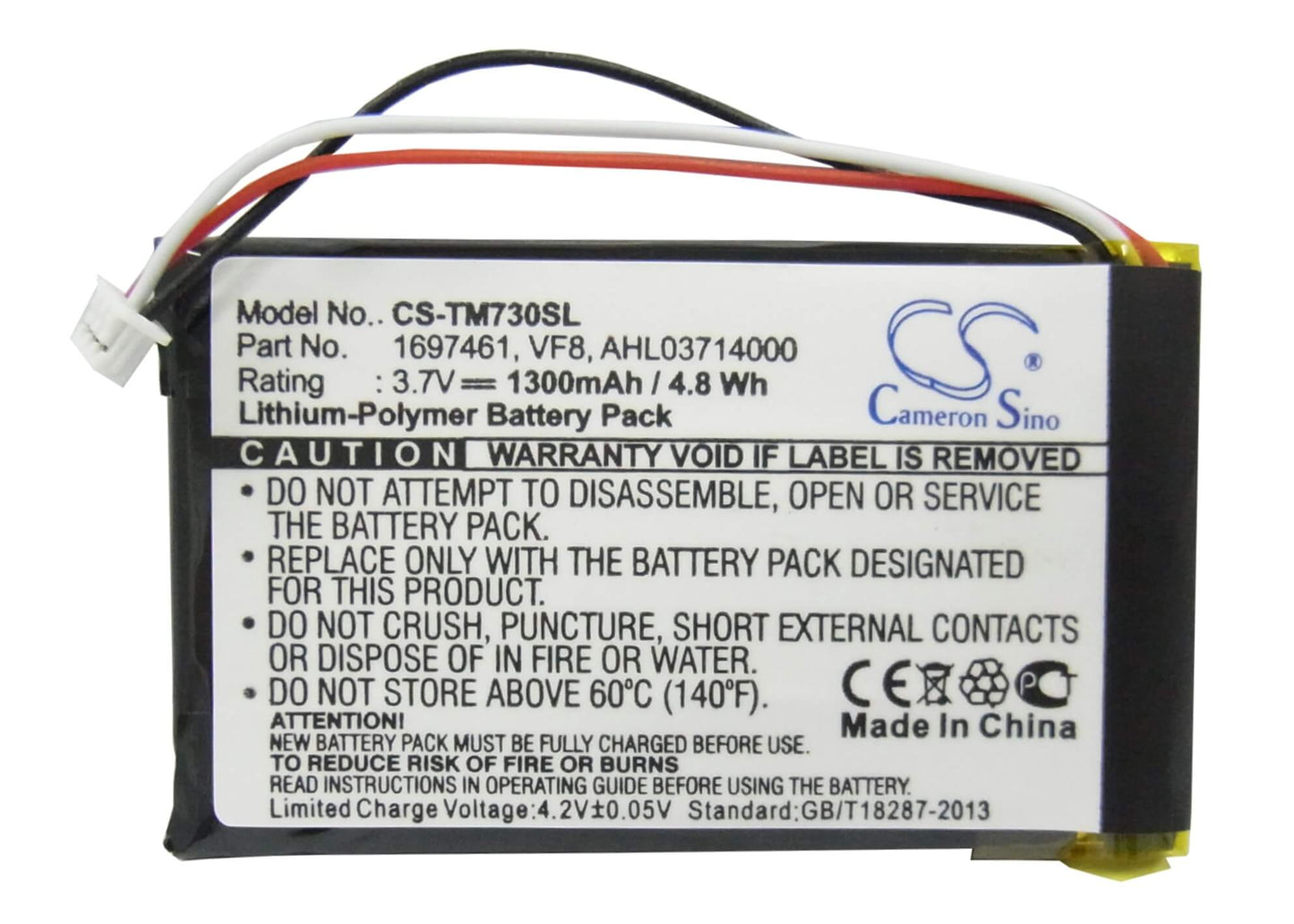 3.7V, 1300mAh, Li-Polymer Battery fits Tomtom, Go 530 Live, Go 630, 4.81Wh