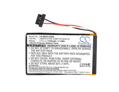 3.7V, 1150mAh, Li-Polymer Battery fits Mitac, Mio C320, Mio C320b, 4.255Wh
