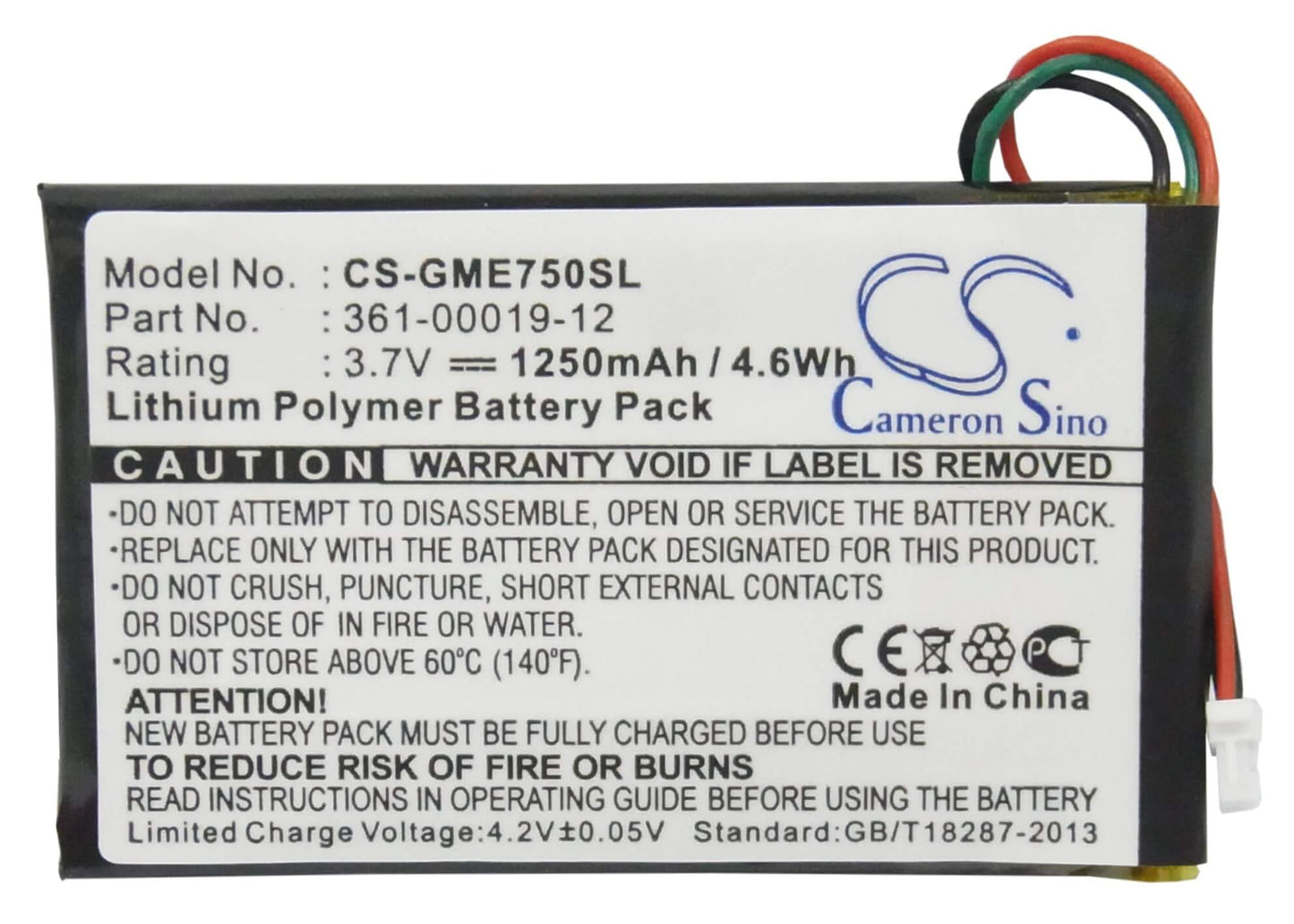 3.7V, 1250mAh, Li-Polymer Battery fits Garmin, Edge 605, Edge 705, 4.625Wh