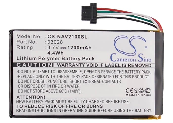 3.7V, 1200mAh, Li-Polymer Battery fits Navigon, 2100 Max, 2110 Max, 4.44Wh