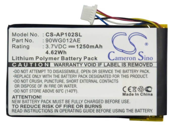 3.7V, 1250mAh, Li-Polymer Battery fits Asus, 90wg012ae1155l1, S102, 4.625Wh