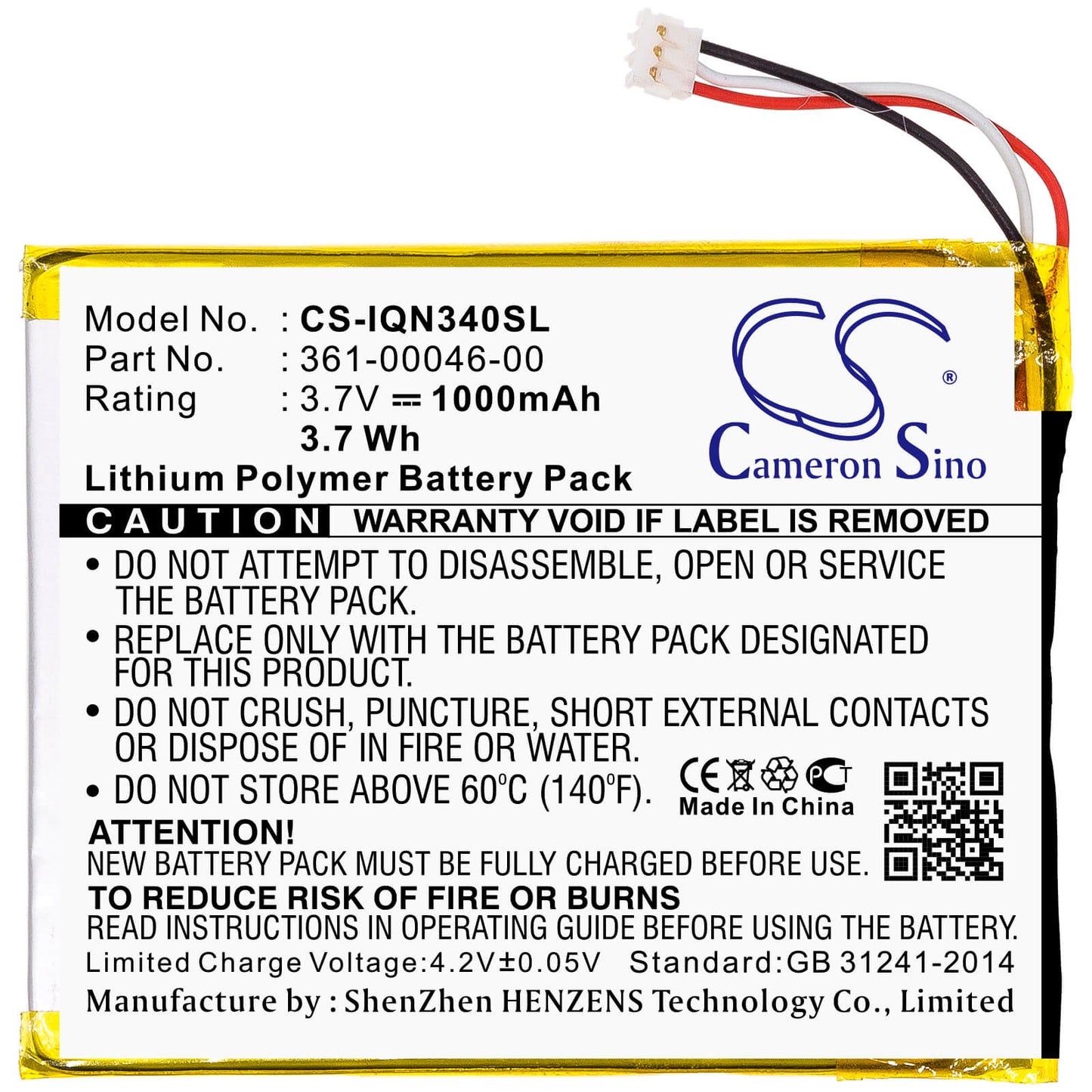 3.7V, 1000mAh, Li-Polymer Battery fits Garmin, Dash Cam 20, Nuvi 3400, 3.7Wh