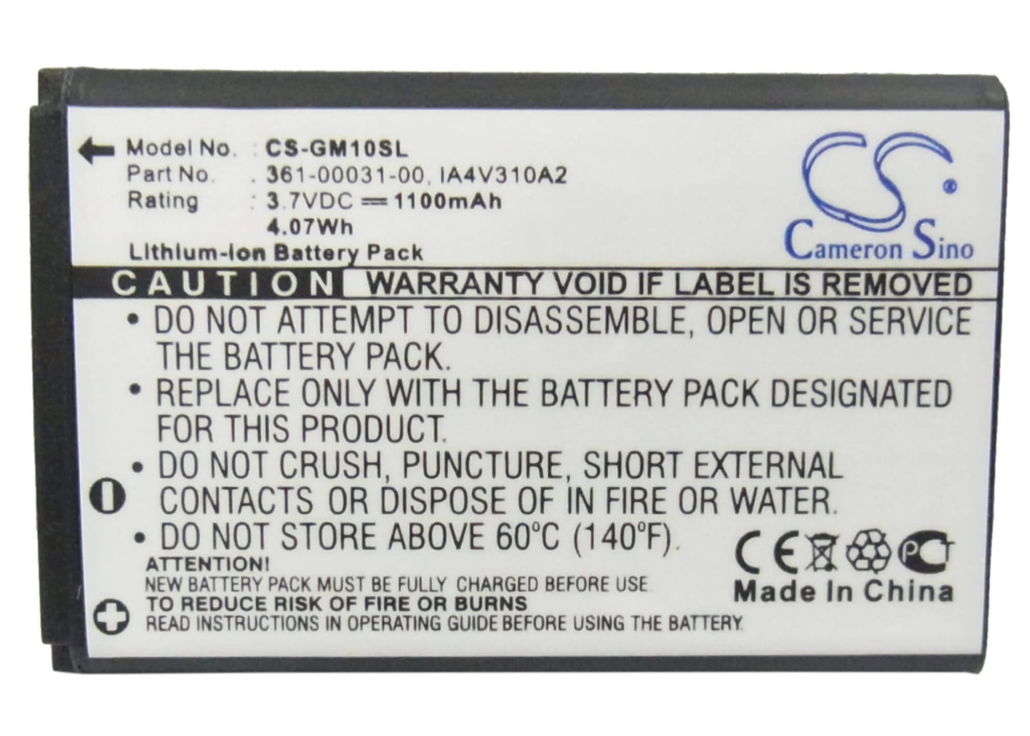 3.7V, 1100mAh, Li-ion Battery fits Garmin, Gps Mobile 10, Gps Mobile 10x, 4.07Wh