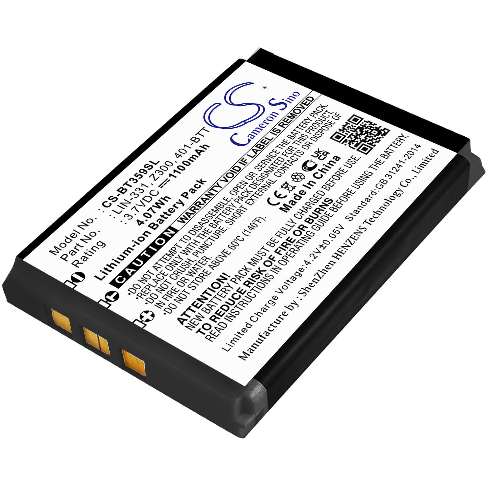 3.7V, 1100mAh, Li-ion Battery fits Haicom, Hi-401bt, Hi-405iii, 4.07Wh