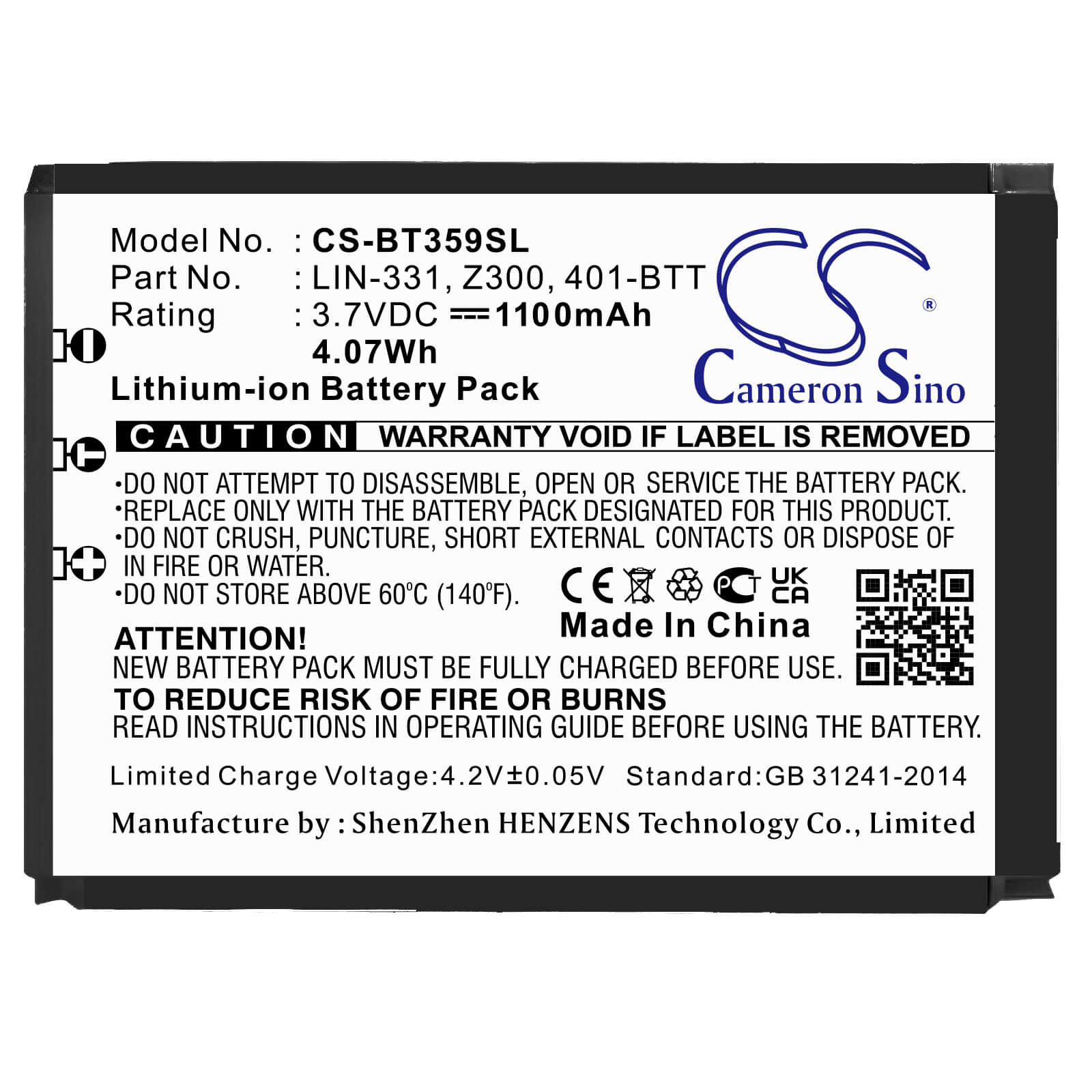 3.7V, 1100mAh, Li-ion Battery fits Haicom, Hi-401bt, Hi-405iii, 4.07Wh