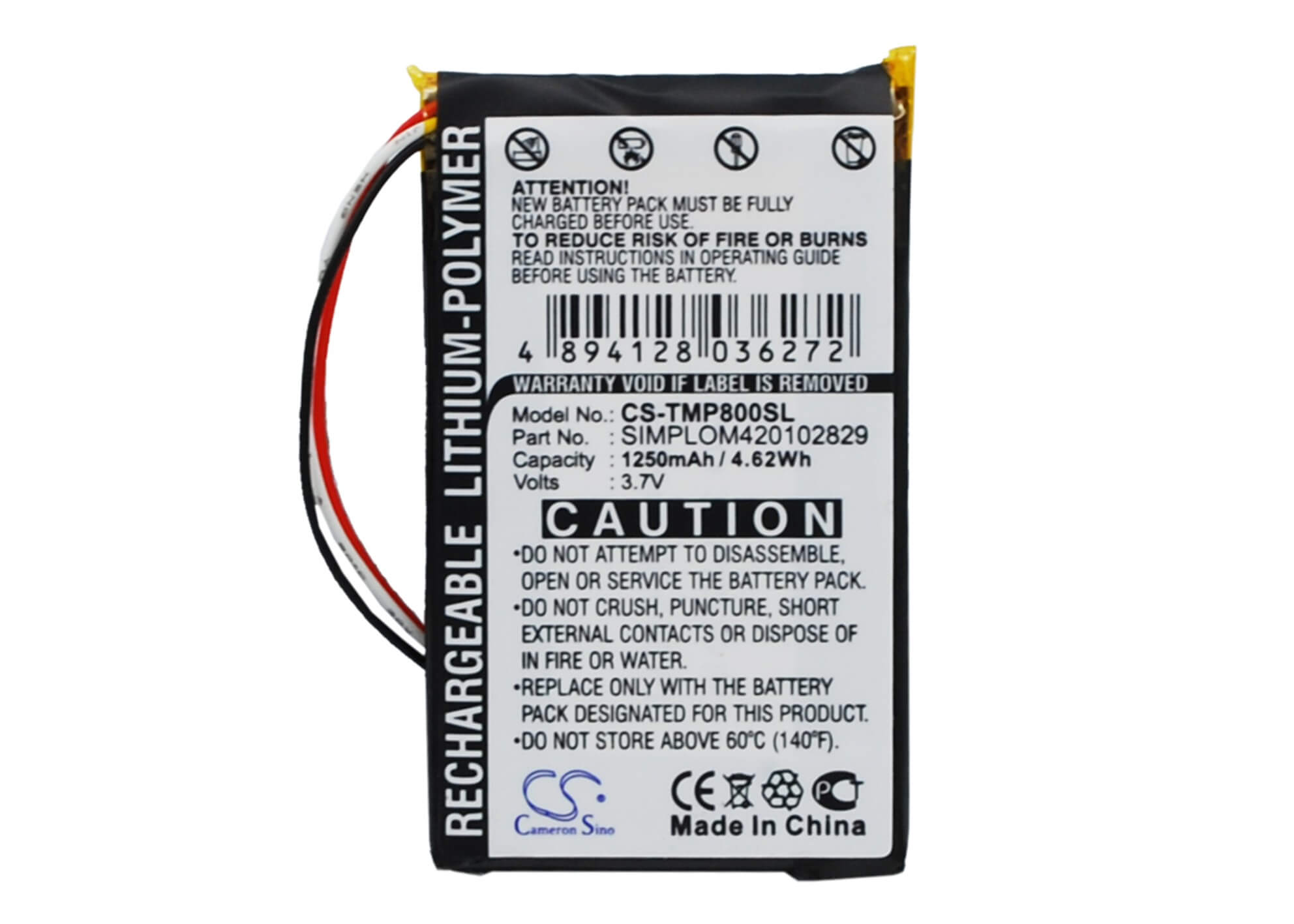 3.7V, 1250mAh, Li-Polymer Battery fits Tomtom, Pro 8000, 4.625Wh