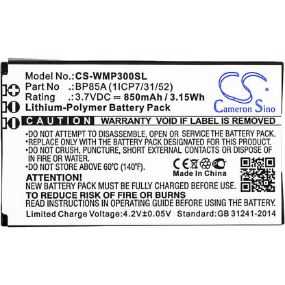 3.7V, 850mAh, Li-Polymer Battery fits Wm Systems, Wmp 300, Wmp-300, 3.145Wh