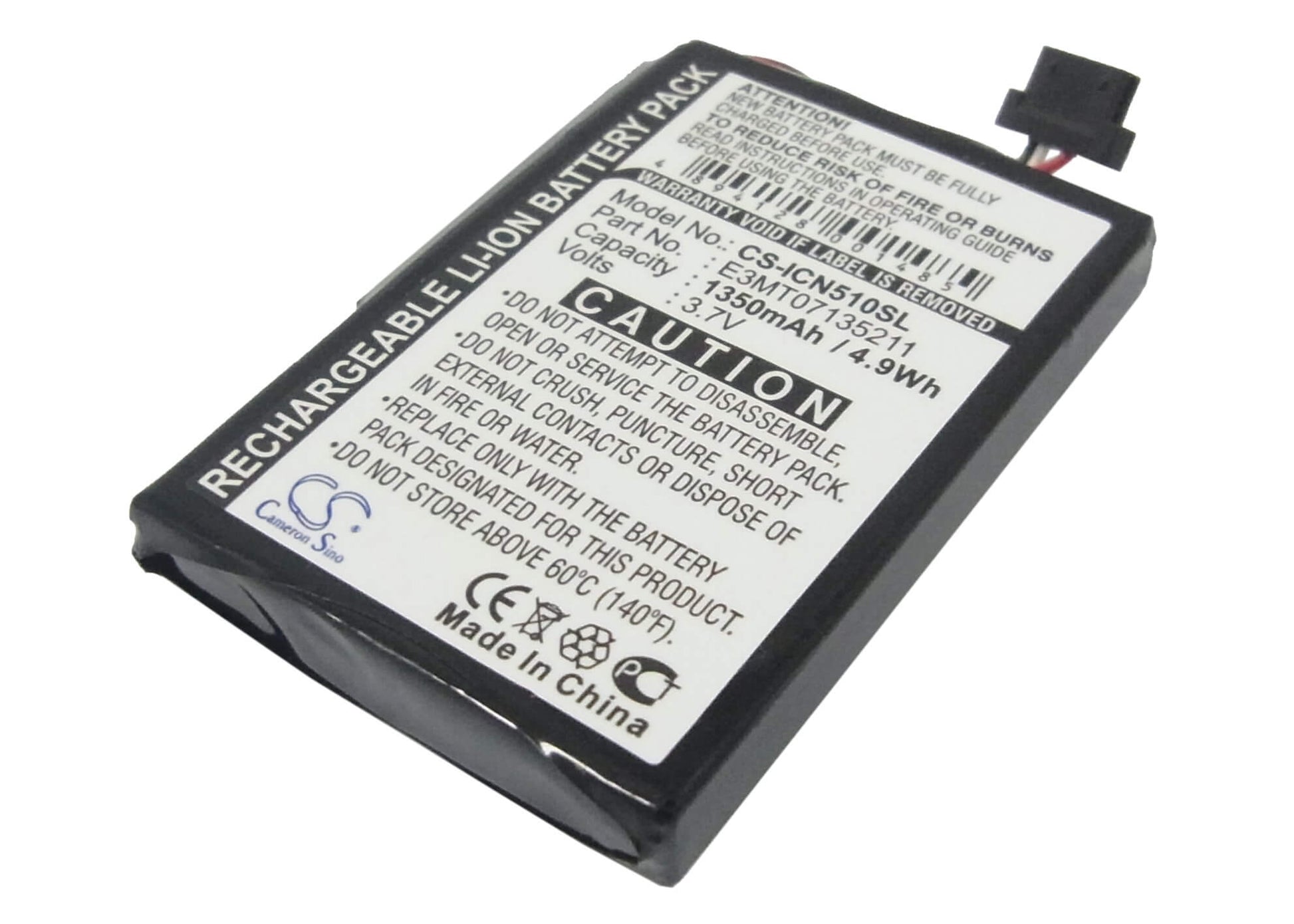 3.7V, 1350mAh, Li-ion Battery fits Navman, Icn 510, Icn 520, 4.995Wh