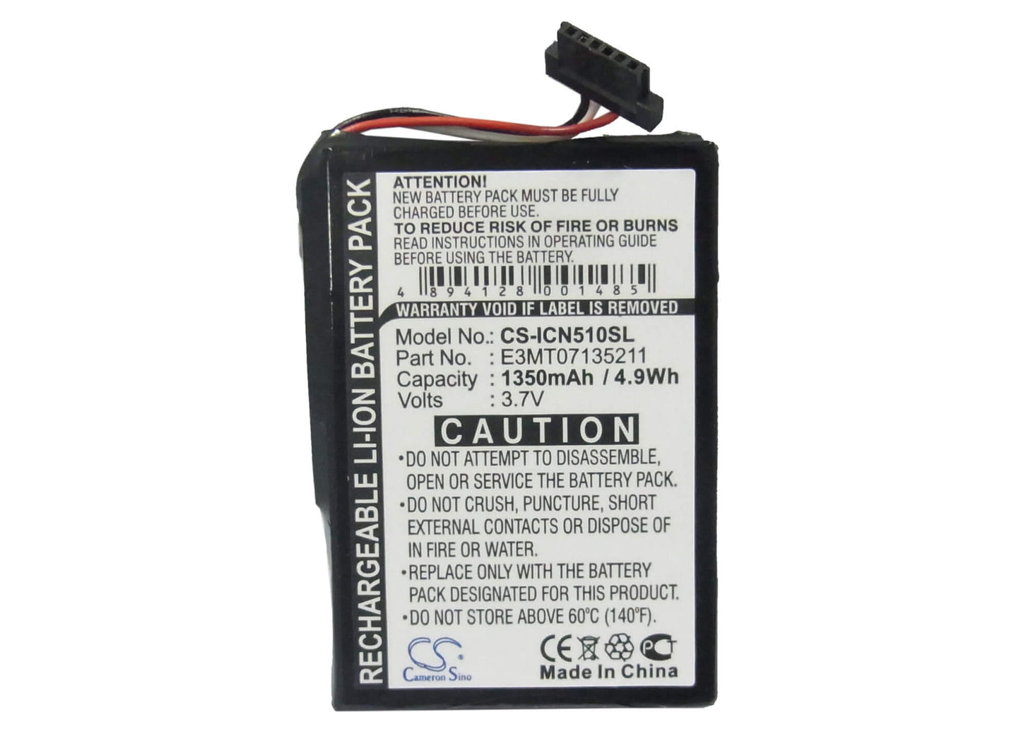 3.7V, 1350mAh, Li-ion Battery fits Navman, Icn 510, Icn 520, 4.995Wh