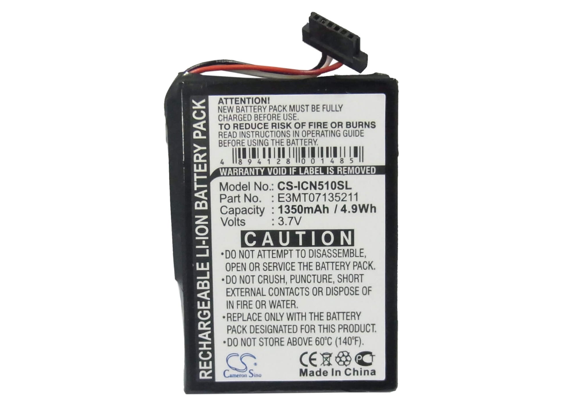 3.7V, 1350mAh, Li-ion Battery fits Navman, Icn 510, Icn 520, 4.995Wh