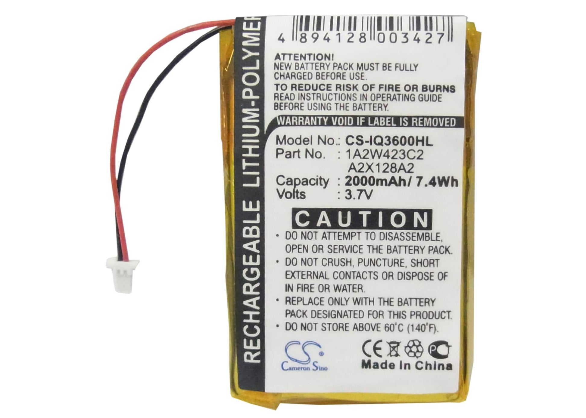 3.7V, 2000mAh, Li-Polymer Battery fits Garmin, Ique 3200, Ique 3600, 7.4Wh