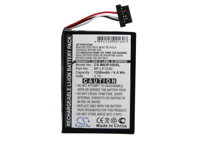 3.7V, 1250mAh, Li-ion Battery fits Mitac, Mio P350, Mio P510, 4.625Wh