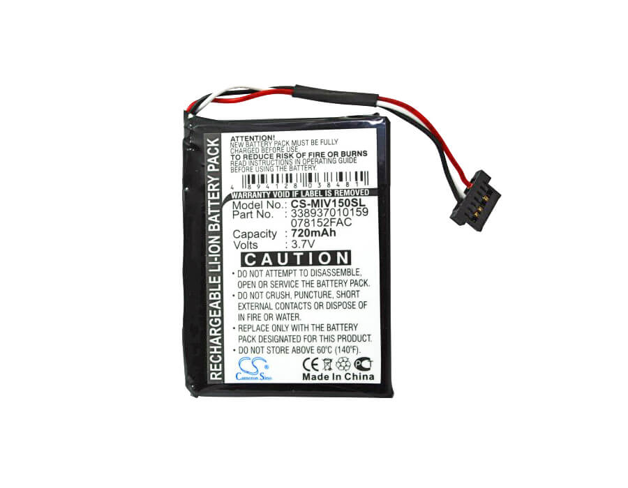 3.7V, 720mAh, Li-ion Battery fits Mitac, Mio Moov 150, 2.664Wh