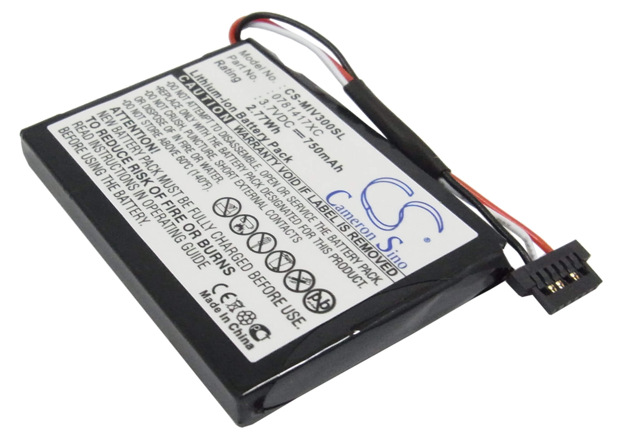 3.7V, 750mAh, Li-ion Battery fits Mitac, Mio Moov 360u, Mio Moov 300, 2.775Wh