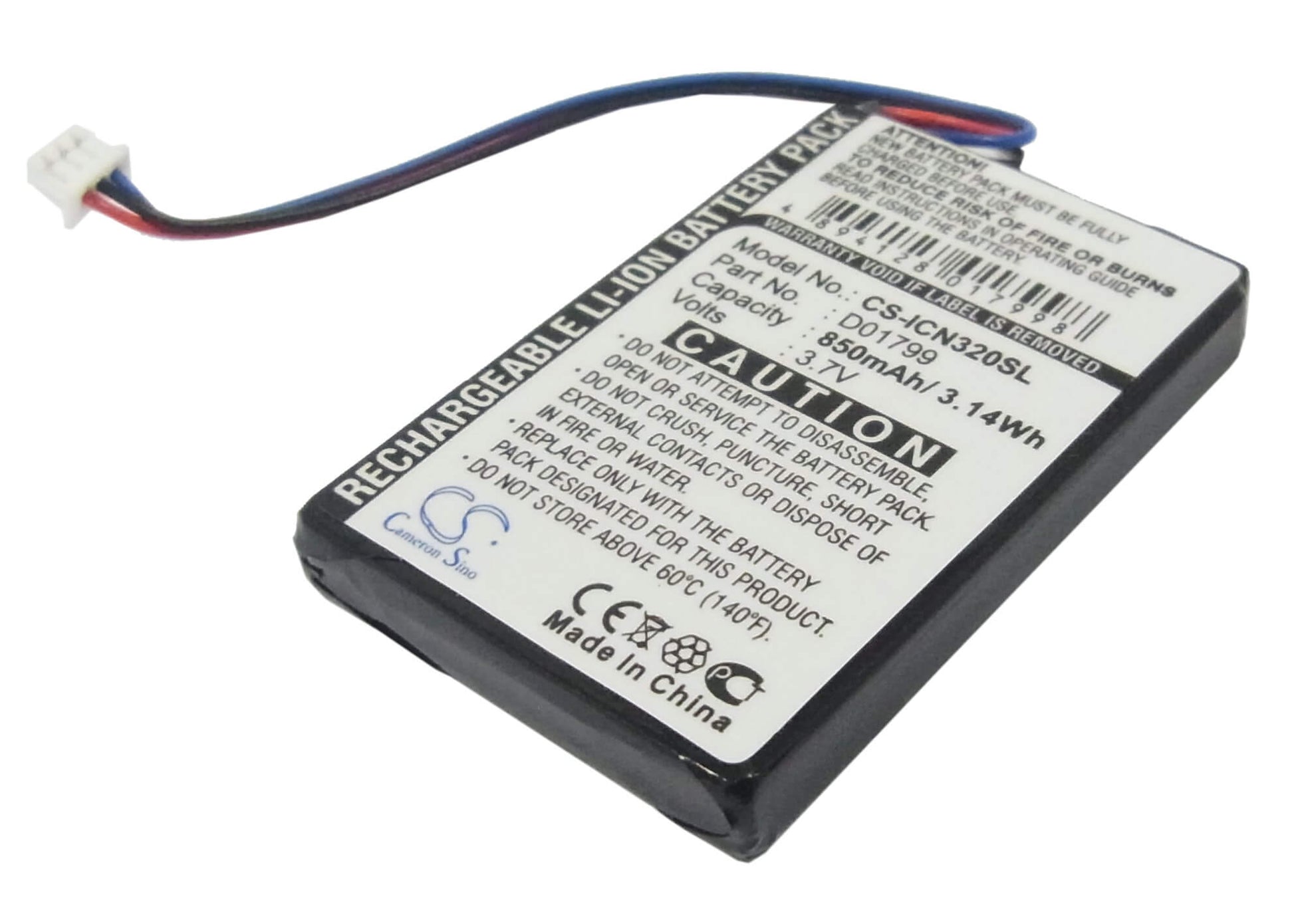 3.7V, 850mAh, Li-ion Battery fits Navman, Icn320, Icn330, 3.145Wh