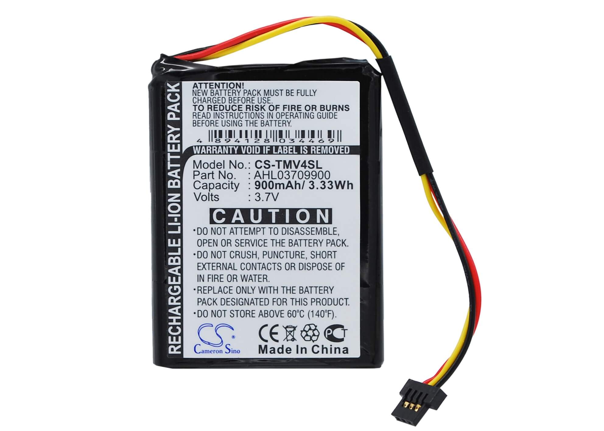 3.7V, 900mAh, Li-ion Battery fits Tomtom, 4ee0.001.22, One V4, 3.33Wh