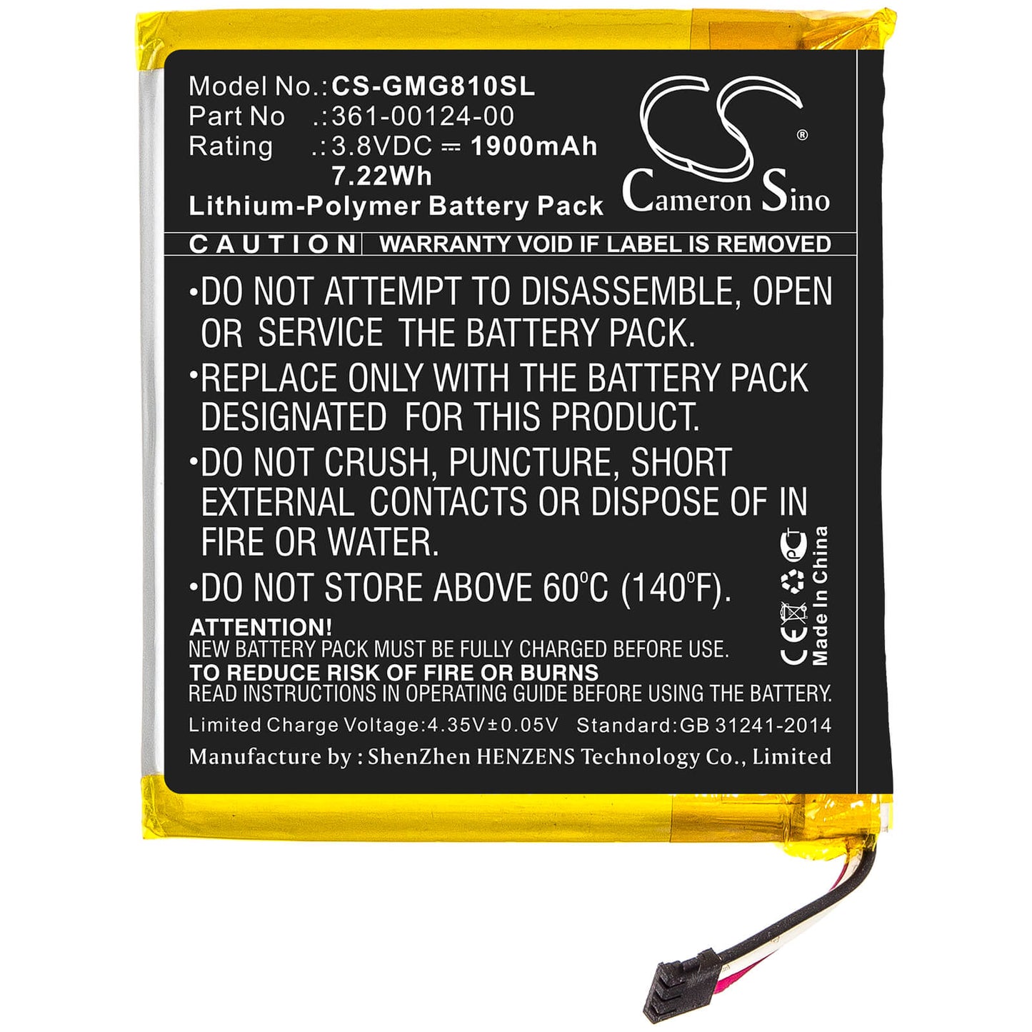3.8V, 1900mAh, Li-Polymer Battery fits Garmin, Approach G80, 7.22Wh