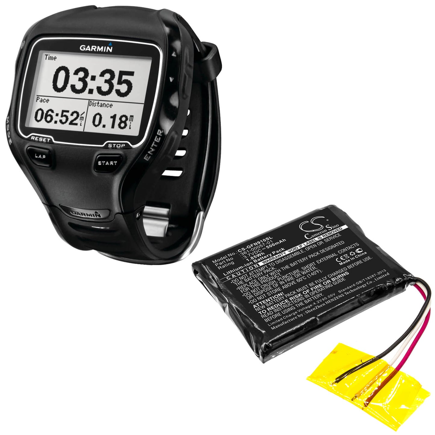3.7V, 500mAh, Li-ion Battery fits Garmin, Forerunner 910xt, 1.85Wh