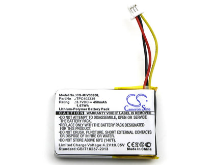 3.7V, 450mAh, Li-Polymer Battery fits Mio, Mivue 338, Mivue 358p, 1.665Wh