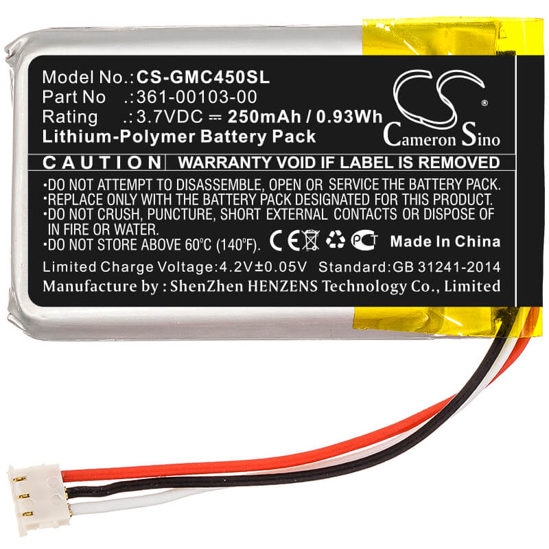 3.7V, 250mAh, Li-Polymer Battery fits Garmin, Dash Cam 45, Dashcam 45, 0.925Wh