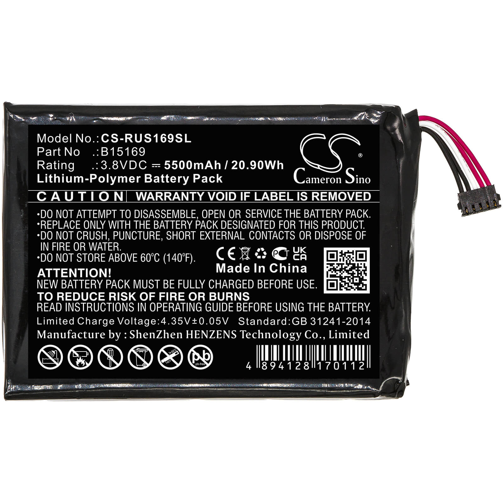 3.8V, 5500mAh, Li-Polymer Battery fits Ring, Stick Up Cam, 20.9Wh