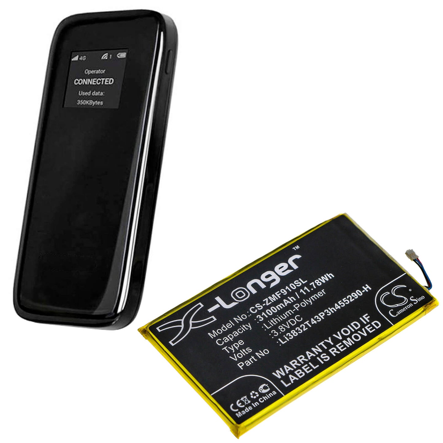 3.8V, 3100mAh, Li-Polymer Battery fits Zte, Mf900, 11.78Wh