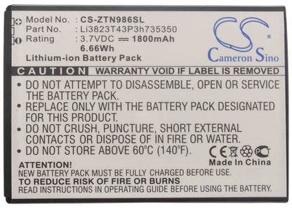 Hotspot 3.7V, 1800mAh, Li-ion Battery fits Allstar, Straight Talk, Z818g, 6.66Wh