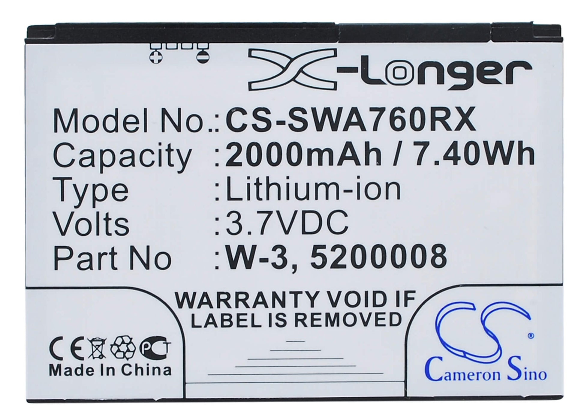 3.7V, 2000mAh, Li-ion Battery fits Sierra Wireless, Aircard 760, Aircard 760s, 7.4Wh