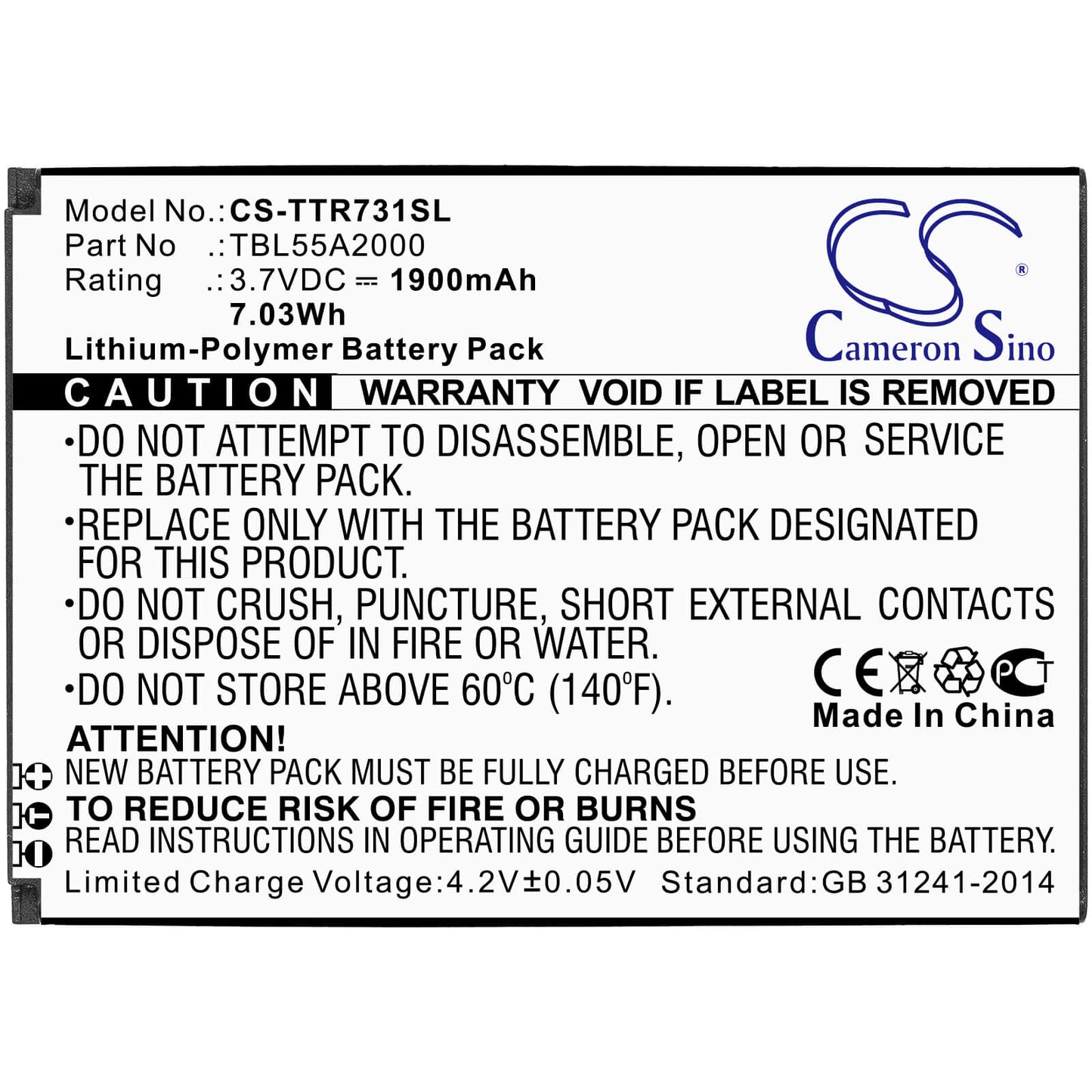 3.7V, 1900mAh, Li-Polymer Battery fits Tp-link, M7310, M7350 Ver 4.0, 7.03Wh