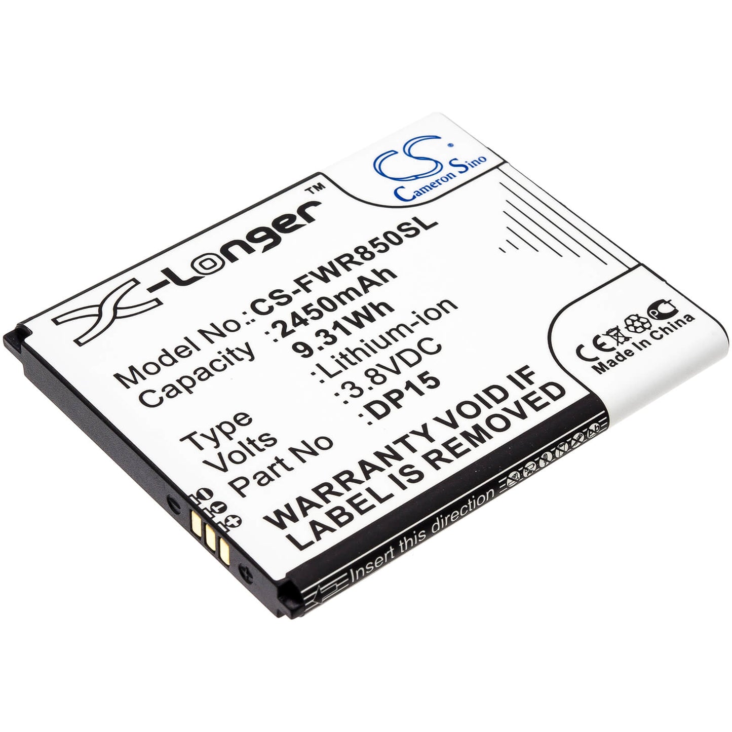 3.8V, 2450mAh, Li-ion Battery fits T-mobile, Dp15, R717, 9.31Wh