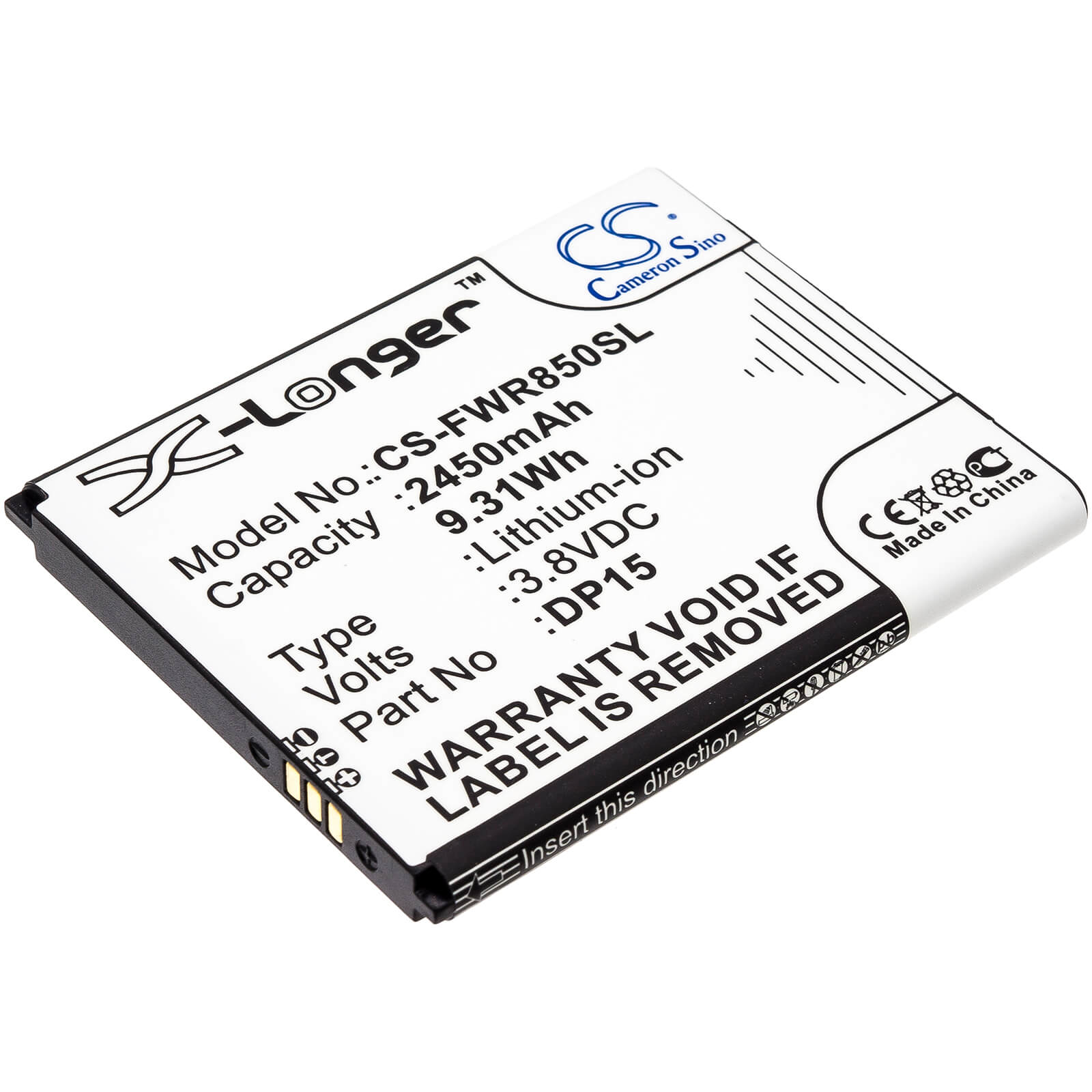 3.8V, 2450mAh, Li-ion Battery fits T-mobile, Dp15, R717, 9.31Wh