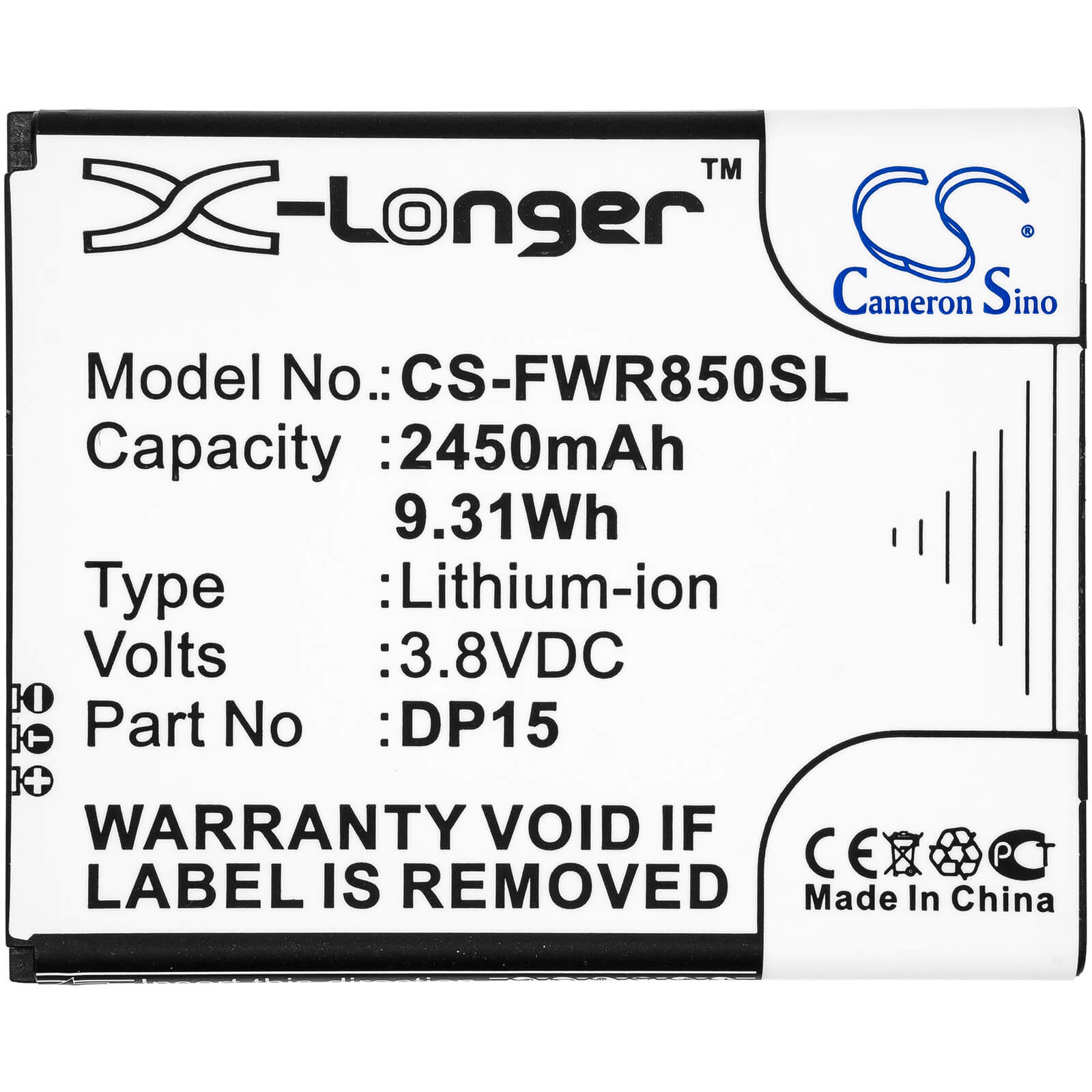 3.8V, 2450mAh, Li-ion Battery fits T-mobile, Dp15, R717, 9.31Wh