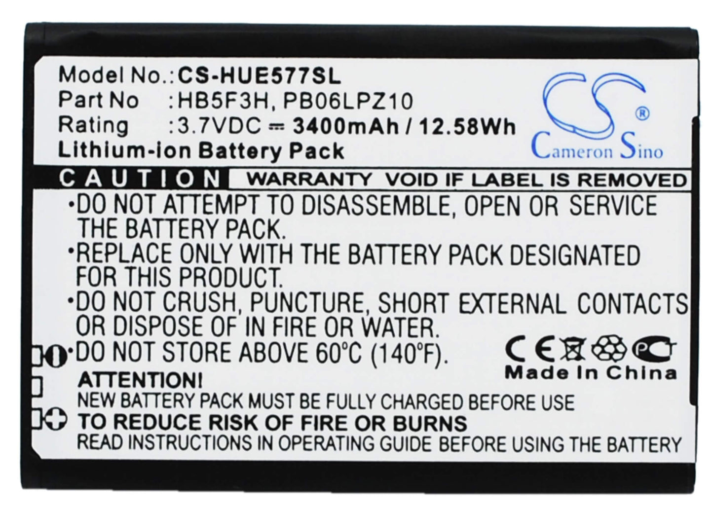 3.7V, 3400mAh, Li-ion Battery fits Huawei, E5372t, E5372ts-32, 12.58Wh