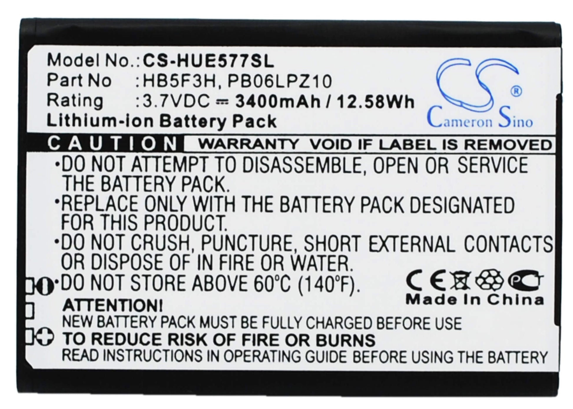 3.7V, 3400mAh, Li-ion Battery fits Huawei, E5372t, E5372ts-32, 12.58Wh