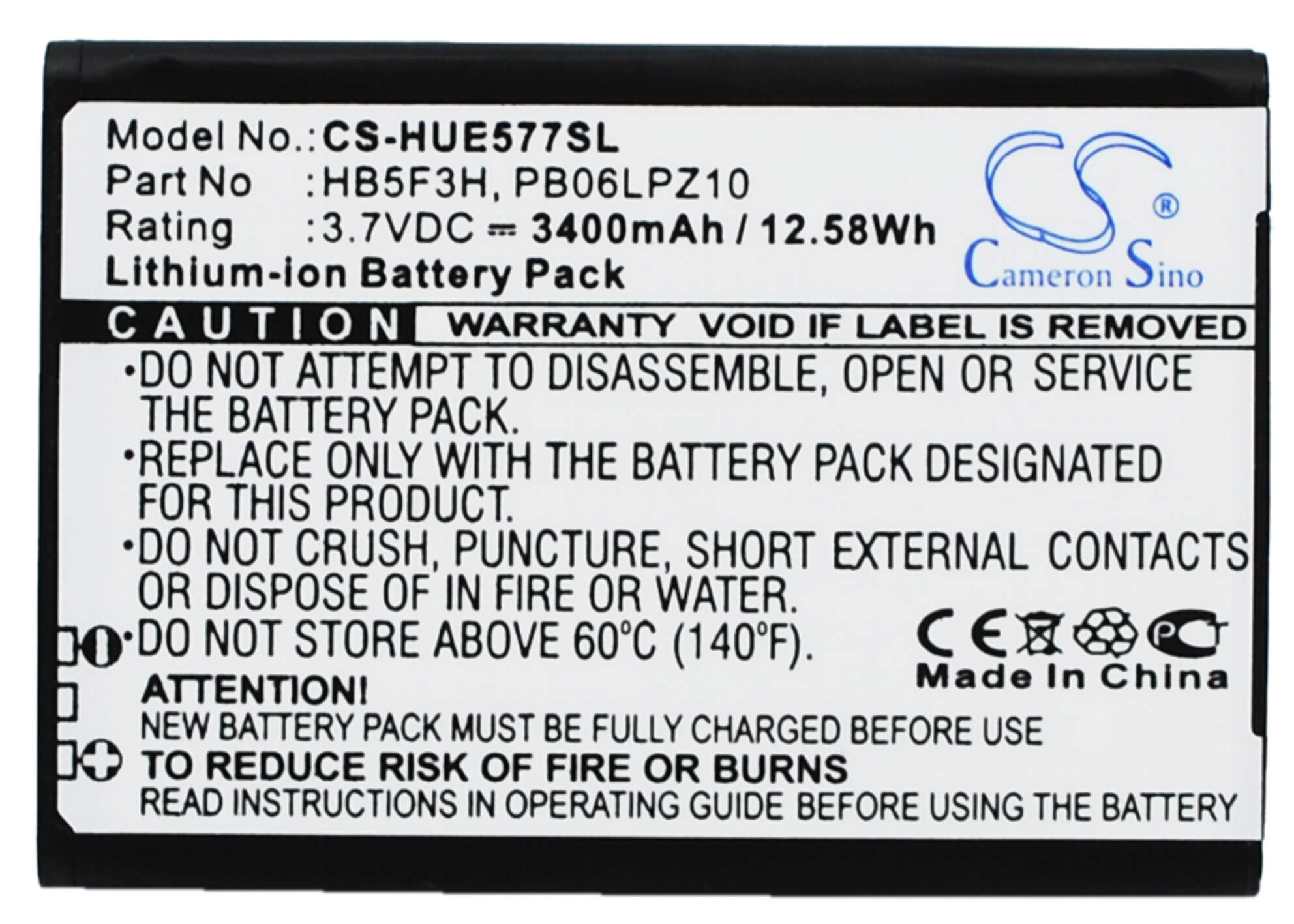 3.7V, 3400mAh, Li-ion Battery fits Huawei, E5372t, E5372ts-32, 12.58Wh