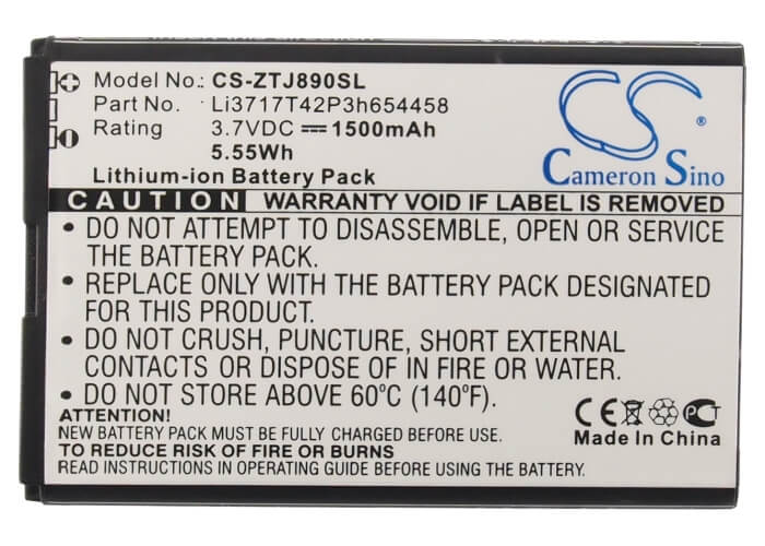 3.7V, 1500mAh, Li-ion Battery fits Zte, Authentic, Eufi890, 5.55Wh