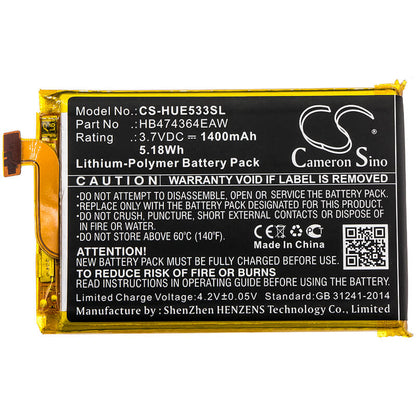 3.7V, 1400mAh, Li-Polymer Battery fits Huawei, E5338, E5338-bk, 5.18Wh
