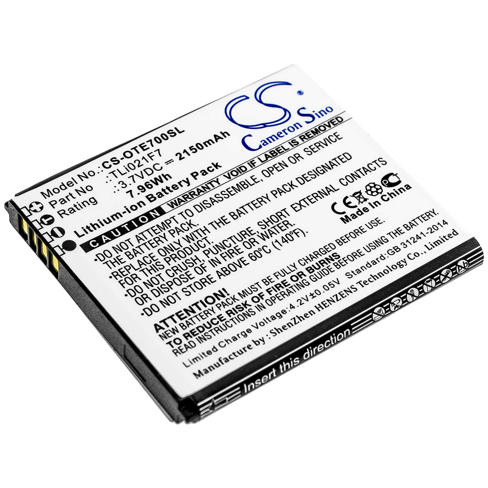 3.7V, 2150mAh, Li-ion Battery fits Alcatel, Ee70, Ee70vb, 7.955Wh