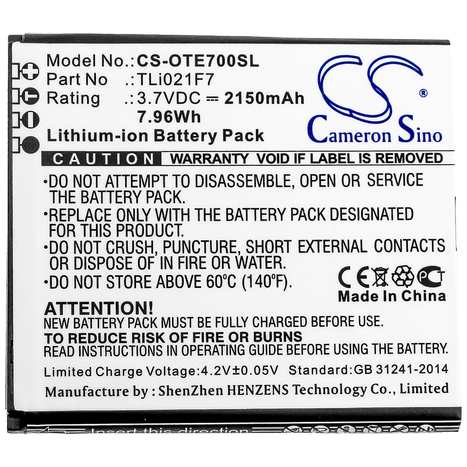 3.7V, 2150mAh, Li-ion Battery fits Alcatel, Ee70, Ee70vb, 7.955Wh