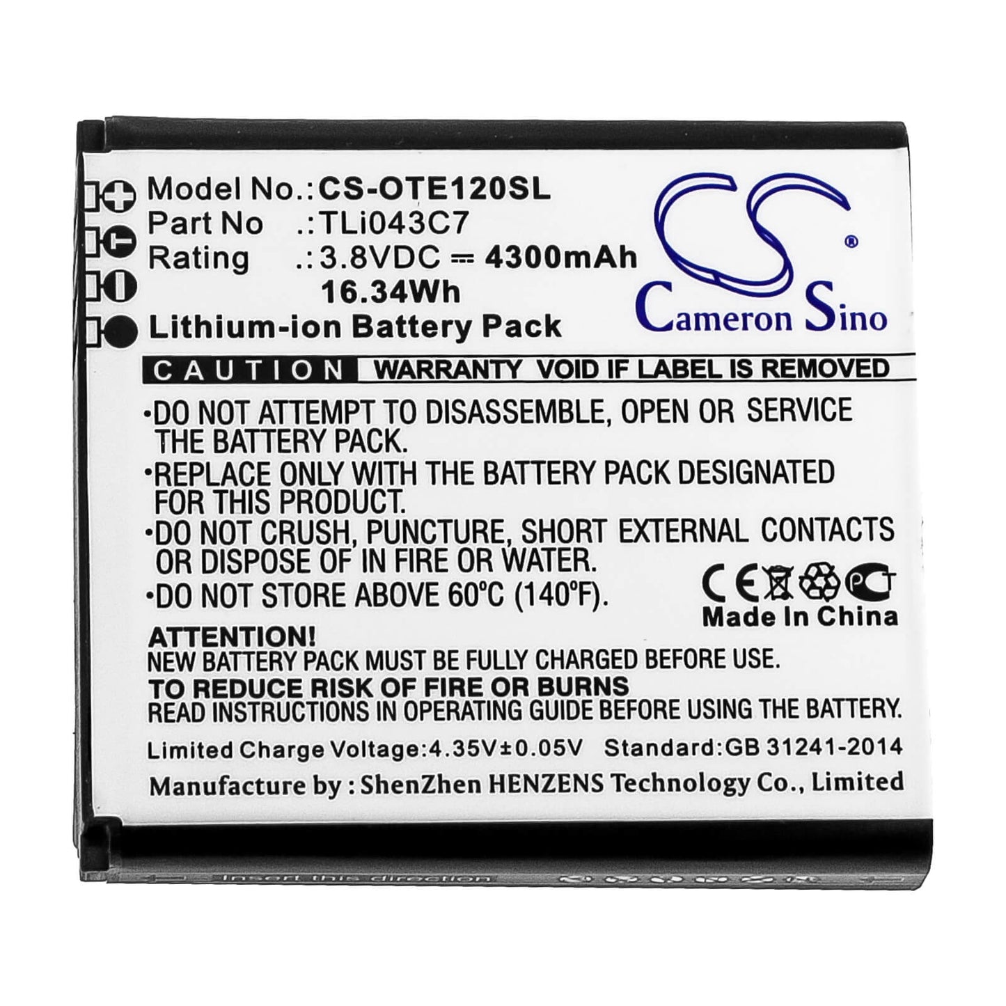 3.8V, 4300mAh, Li-ion Battery fits Alcatel, Ee120, 16.34Wh