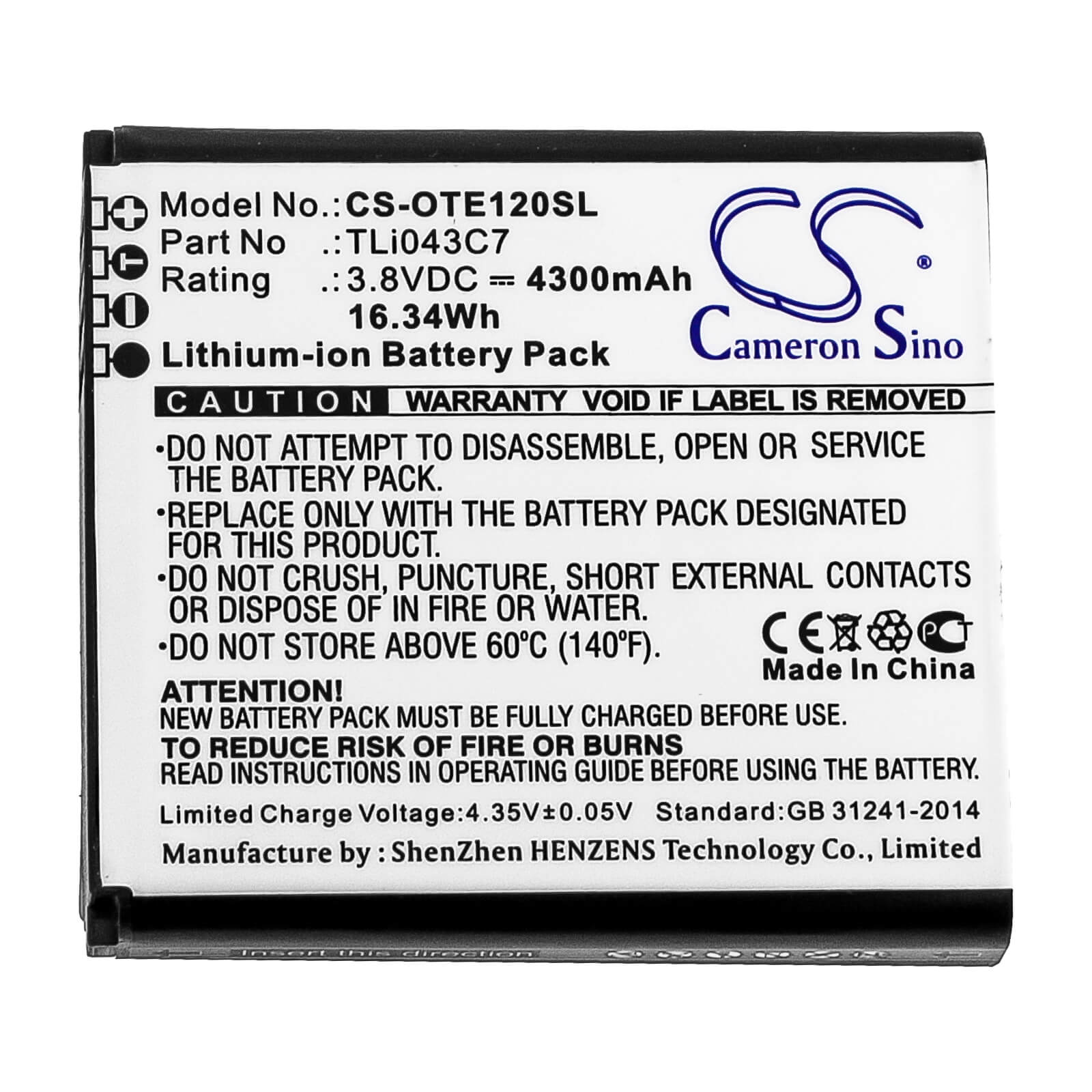 3.8V, 4300mAh, Li-ion Battery fits Alcatel, Ee120, 16.34Wh