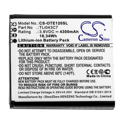 3.8V, 4300mAh, Li-ion Battery fits Alcatel, Ee120, 16.34Wh