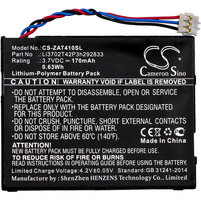 3.7V, 170mAh, Li-Polymer Battery fits Zte, 2ahr8-at41, At41, 0.629Wh