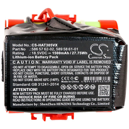 18.5V, 1500mAh, Li-ion Battery fits Gardena, Mcculloch Rob R600, R40, 27.75Wh