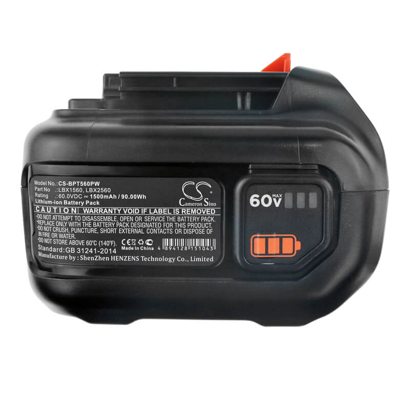 60.0V, 1500mAh, Li-ion Battery fits Black & Decker, 60v Max Blower, 60v Max Powerswap 20 Cordless, 90Wh
